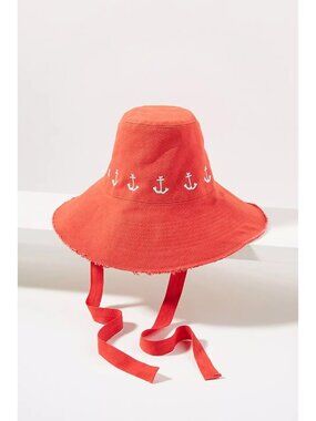 NWOT Anthropologie Orange Wide Brim Hat Anchor Embroidery & Tie Kerri Rosenthal